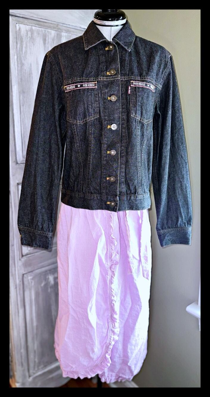 PINK HOUSE Japan Vtg 2001 Denim Jean Jacket Y2K Franche Lippee Frilly Wrap Pants
